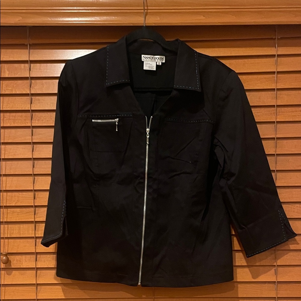 Nancy Bolen City Girl Black Zip-Up Jacket w/ blue thread accents (wears like M)F